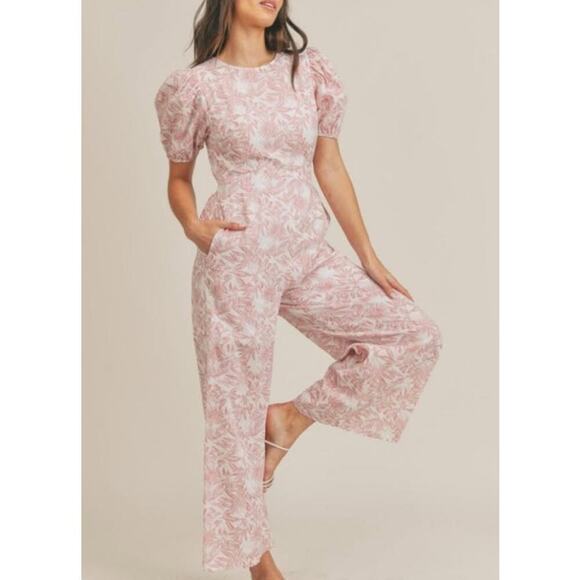 Vici Pants - Vici Pink & White Tropical Floral Tie Back Jampsuit